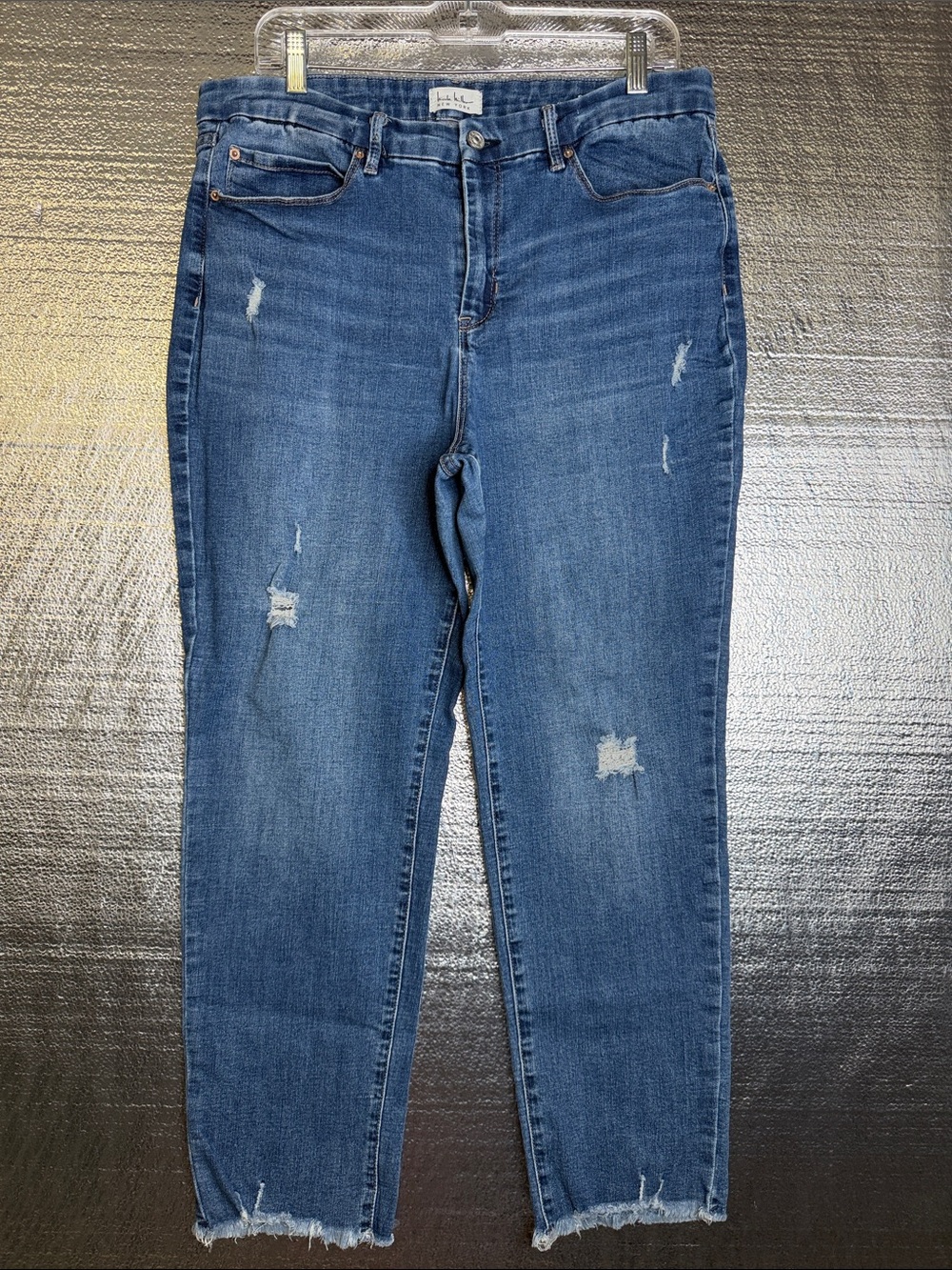 Nicole Miller High-Rise Distressed Slim Ankle Jeans in Blue Denim